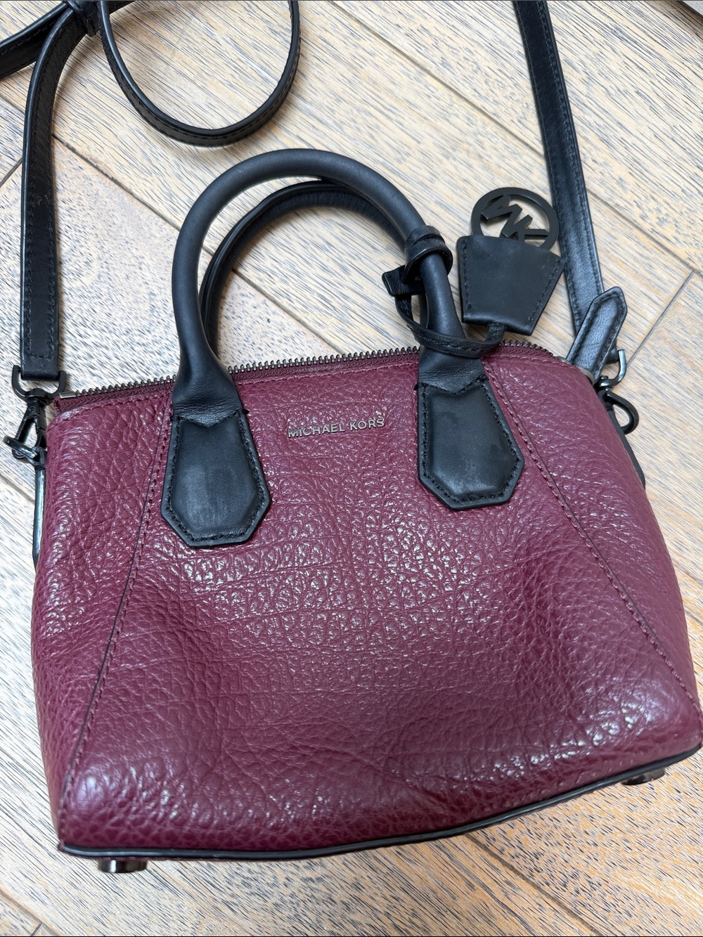 Michael Kors Mini Satchel Pebbled Crossbody Bag Purse Burgundy Red